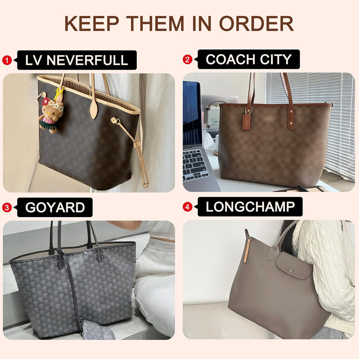 Purse Organizer Insert for Handbags & Base Shaper 2pc Set, Felt Neverfull MM Organizer Insert, Tote Bag Organizer with Zipper Pocket and Bottle Holder, Fit Speedy 30 Neverfull MM and More,Beige-L
