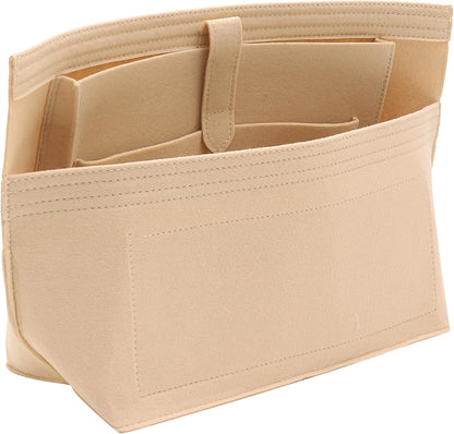 Purse Organizer Insert for Handbags & Base Shaper 2pc Set, Felt Neverfull MM Organizer Insert, Tote Bag Organizer with Zipper Pocket and Bottle Holder, Fit Speedy 30 Neverfull MM and More,Beige-L