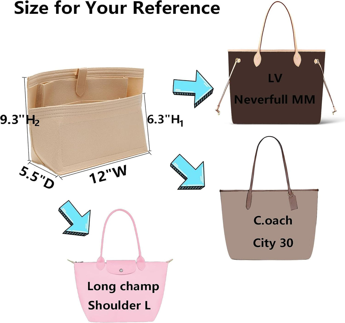 Purse Organizer Insert for Handbags & Base Shaper 2pc Set, Felt Neverfull MM Organizer Insert, Tote Bag Organizer with Zipper Pocket and Bottle Holder, Fit Speedy 30 Neverfull MM and More,Beige-L