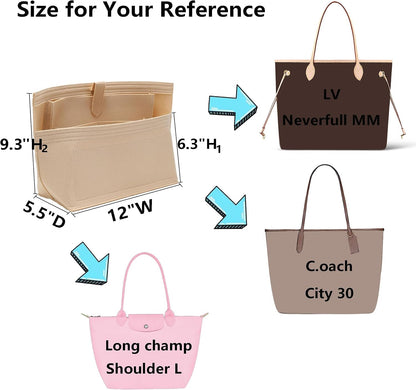 Purse Organizer Insert for Handbags & Base Shaper 2pc Set, Felt Neverfull MM Organizer Insert, Tote Bag Organizer with Zipper Pocket and Bottle Holder, Fit Speedy 30 Neverfull MM and More,Beige-L