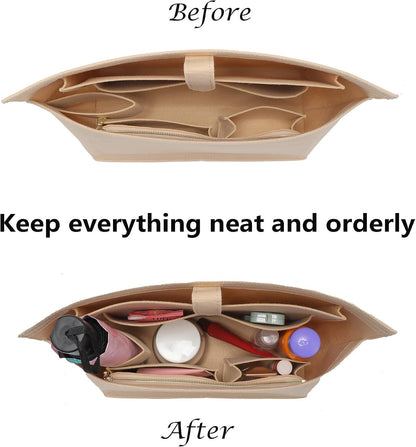 Purse Organizer Insert for Handbags & Base Shaper 2pc Set, Felt Neverfull MM Organizer Insert, Tote Bag Organizer with Zipper Pocket and Bottle Holder, Fit Speedy 30 Neverfull MM and More,Beige-L