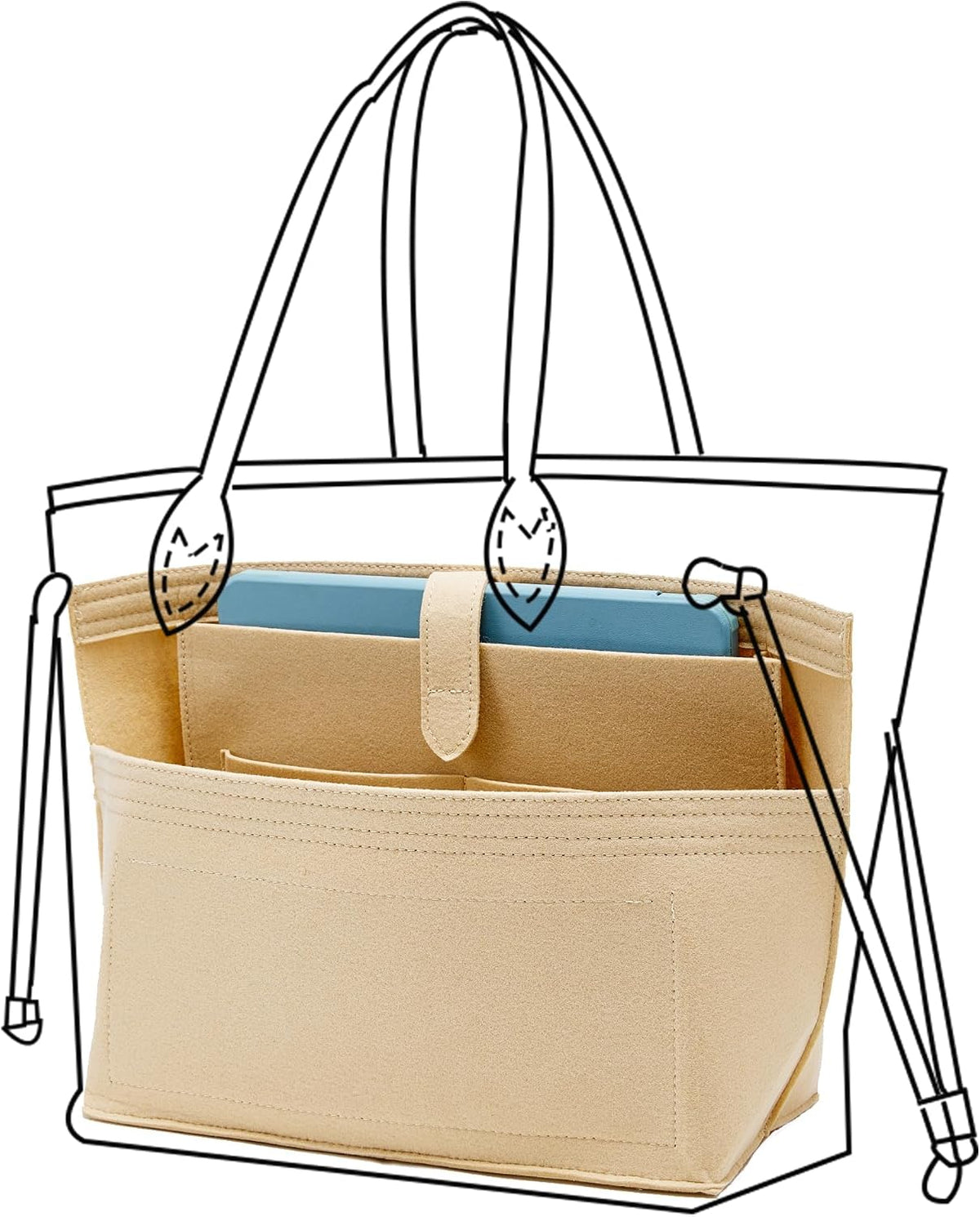 Purse Organizer Insert for Handbags & Base Shaper 2pc Set, Felt Neverfull MM Organizer Insert, Tote Bag Organizer with Zipper Pocket and Bottle Holder, Fit Speedy 30 Neverfull MM and More,Beige-L