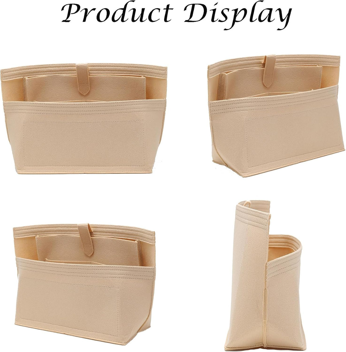Purse Organizer Insert for Handbags & Base Shaper 2pc Set, Felt Neverfull MM Organizer Insert, Tote Bag Organizer with Zipper Pocket and Bottle Holder, Fit Speedy 30 Neverfull MM and More,Beige-L