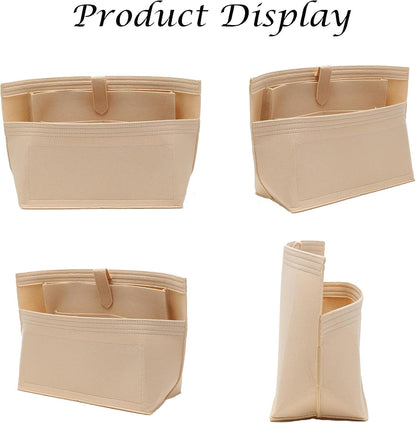 Purse Organizer Insert for Handbags & Base Shaper 2pc Set, Felt Neverfull MM Organizer Insert, Tote Bag Organizer with Zipper Pocket and Bottle Holder, Fit Speedy 30 Neverfull MM and More,Beige-L