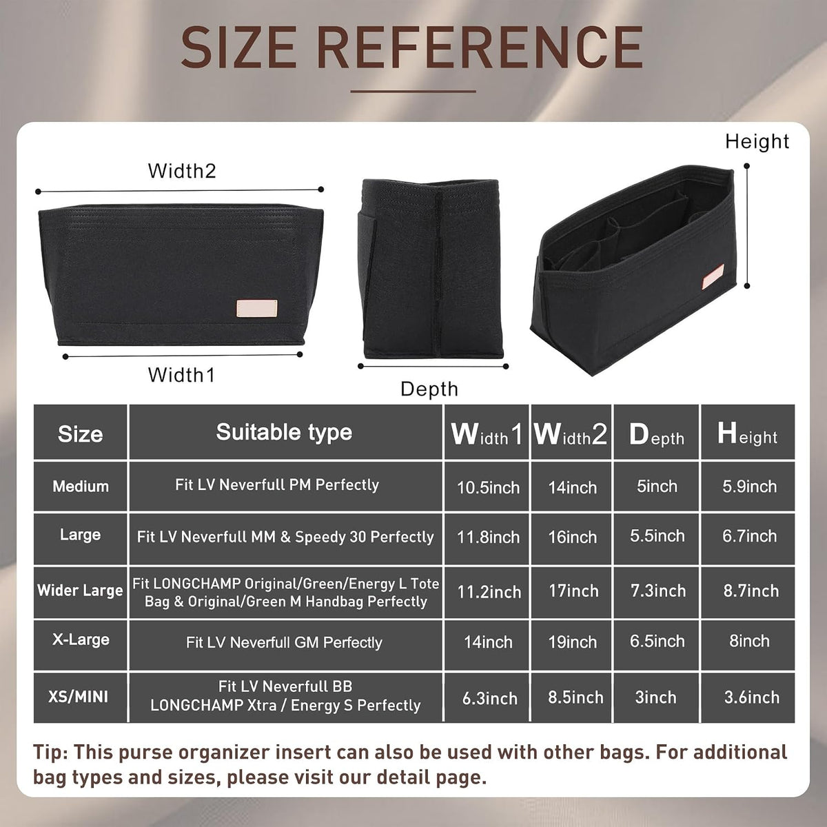 Purse Organizer Insert for Handbags & Base Shaper 2pc Set, Felt Neverfull MM Organizer Insert, Tote Bag Organizer with Zipper Pocket and Bottle Holder, Fit Speedy 30 Neverfull MM and More,Beige-L