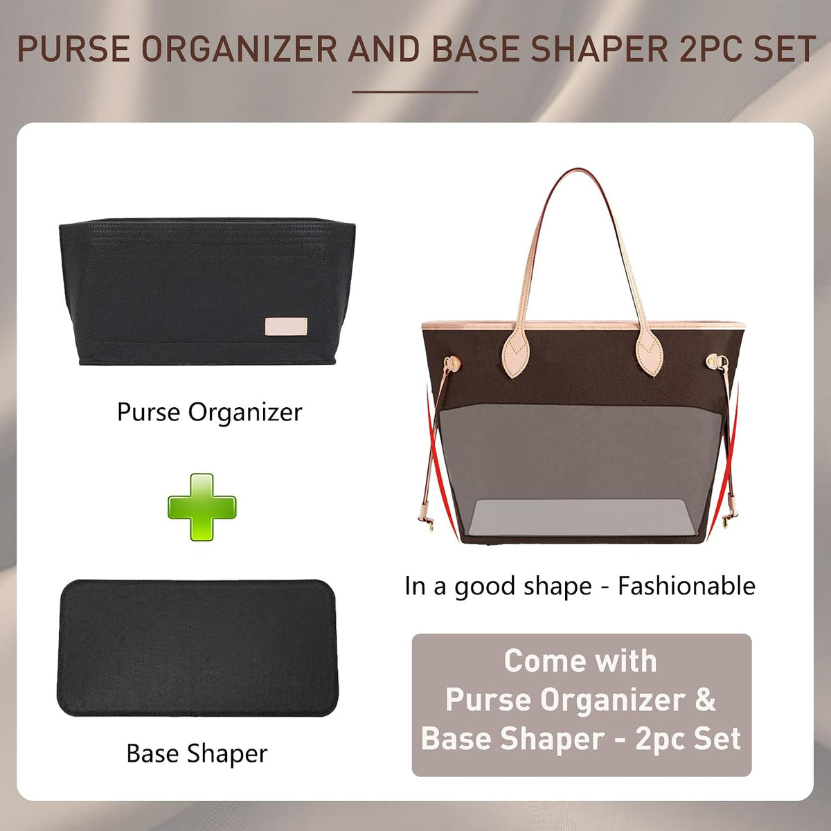 Purse Organizer Insert for Handbags & Base Shaper 2pc Set, Felt Neverfull MM Organizer Insert, Tote Bag Organizer with Zipper Pocket and Bottle Holder, Fit Speedy 30 Neverfull MM and More,Beige-L