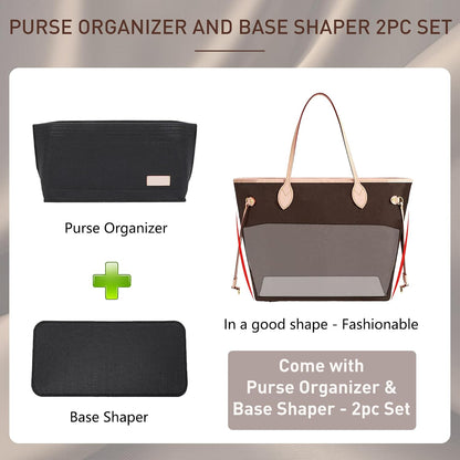Purse Organizer Insert for Handbags & Base Shaper 2pc Set, Felt Neverfull MM Organizer Insert, Tote Bag Organizer with Zipper Pocket and Bottle Holder, Fit Speedy 30 Neverfull MM and More,Beige-L