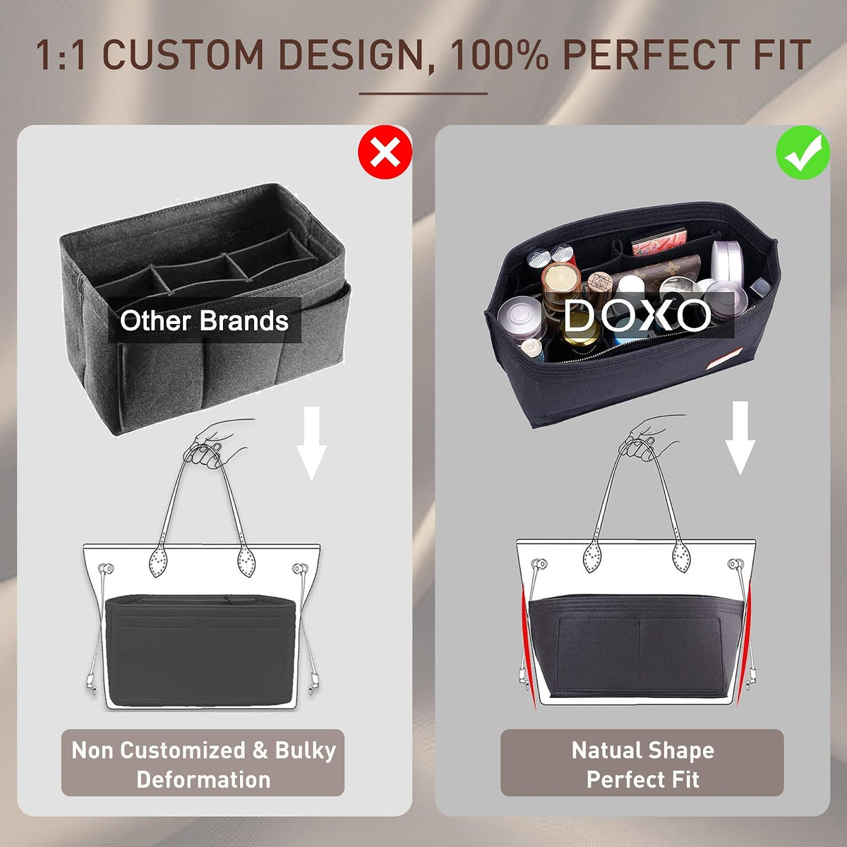 Purse Organizer Insert for Handbags & Base Shaper 2pc Set, Felt Neverfull MM Organizer Insert, Tote Bag Organizer with Zipper Pocket and Bottle Holder, Fit Speedy 30 Neverfull MM and More,Beige-L