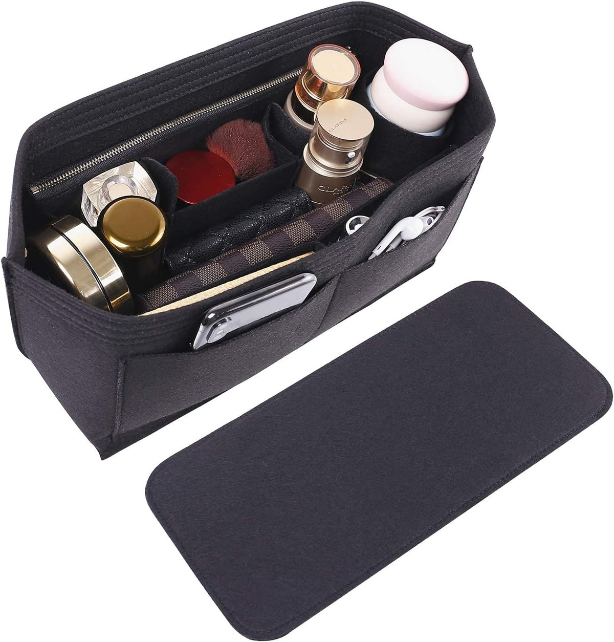 Purse Organizer Insert for Handbags & Base Shaper 2pc Set, Felt Neverfull MM Organizer Insert, Tote Bag Organizer with Zipper Pocket and Bottle Holder, Fit Speedy 30 Neverfull MM and More,Beige-L
