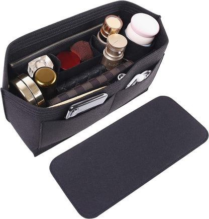 Purse Organizer Insert for Handbags & Base Shaper 2pc Set, Felt Neverfull MM Organizer Insert, Tote Bag Organizer with Zipper Pocket and Bottle Holder, Fit Speedy 30 Neverfull MM and More,Beige-L