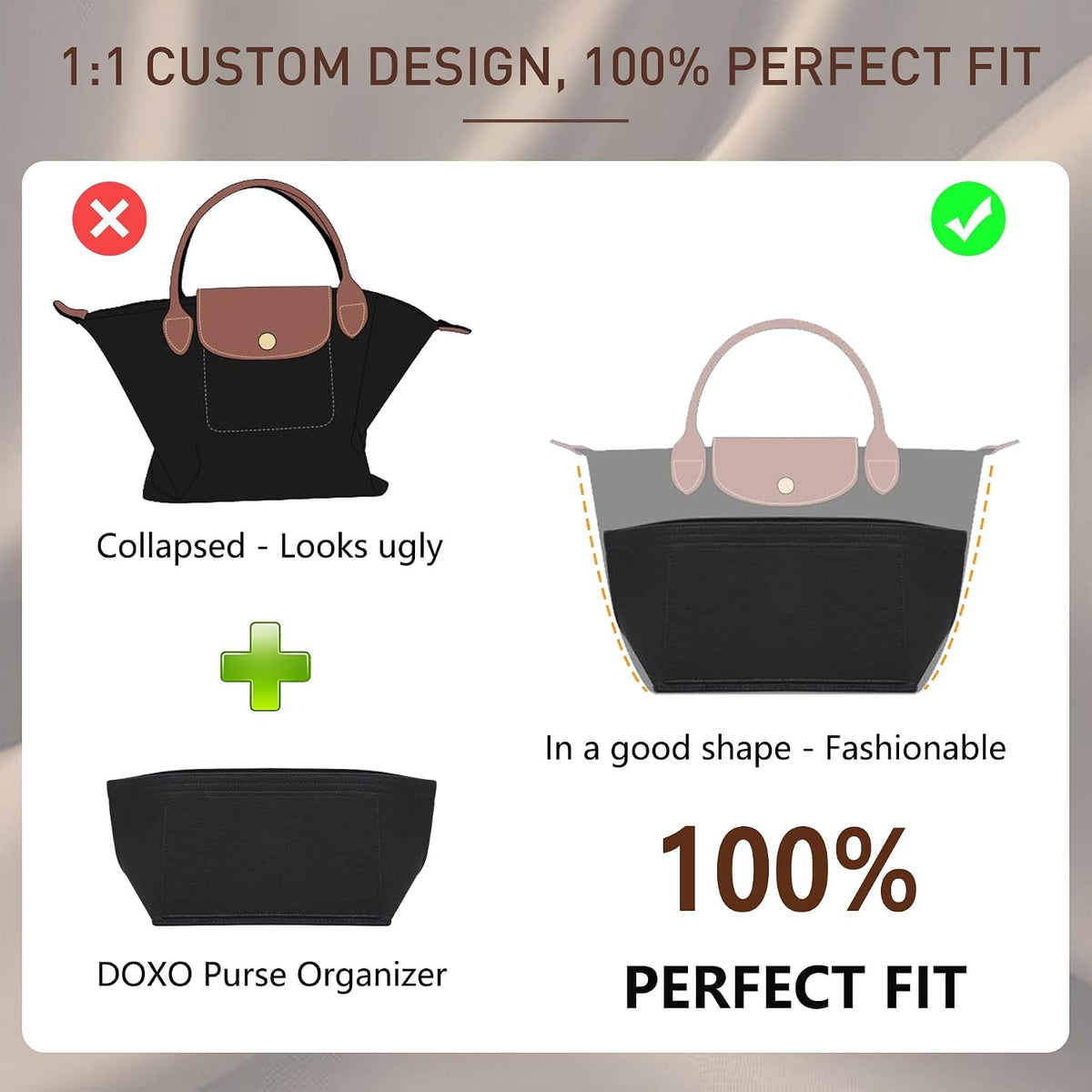 Purse Organizer Insert for Handbags & Base Shaper 2pc Set, Felt Neverfull MM Organizer Insert, Tote Bag Organizer with Zipper Pocket and Bottle Holder, Fit Speedy 30 Neverfull MM and More,Beige-L