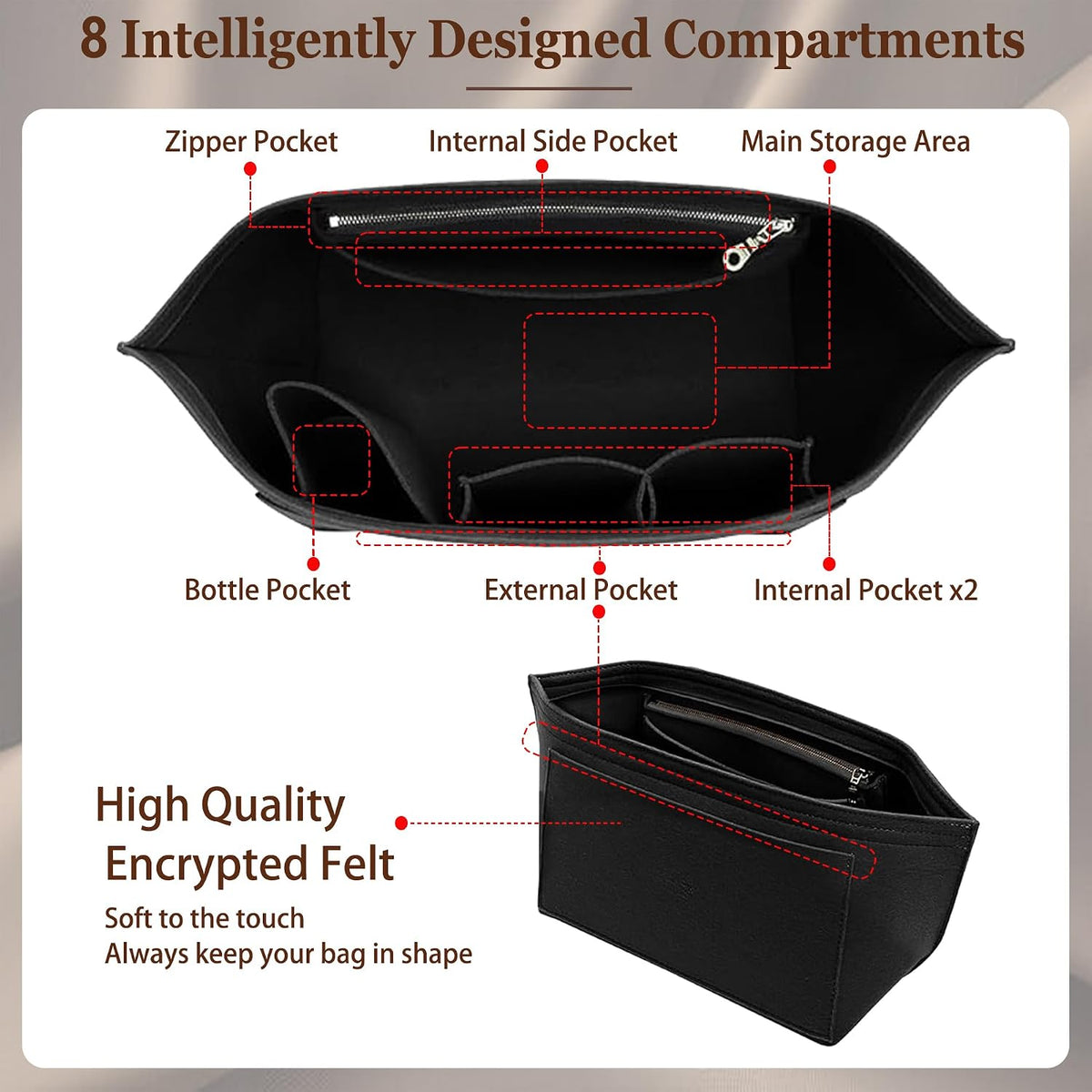 Purse Organizer Insert for Handbags & Base Shaper 2pc Set, Felt Neverfull MM Organizer Insert, Tote Bag Organizer with Zipper Pocket and Bottle Holder, Fit Speedy 30 Neverfull MM and More,Beige-L