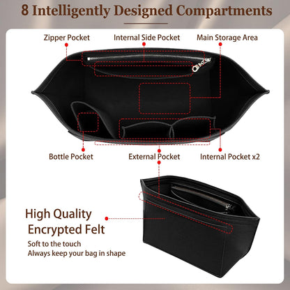 Purse Organizer Insert for Handbags & Base Shaper 2pc Set, Felt Neverfull MM Organizer Insert, Tote Bag Organizer with Zipper Pocket and Bottle Holder, Fit Speedy 30 Neverfull MM and More,Beige-L
