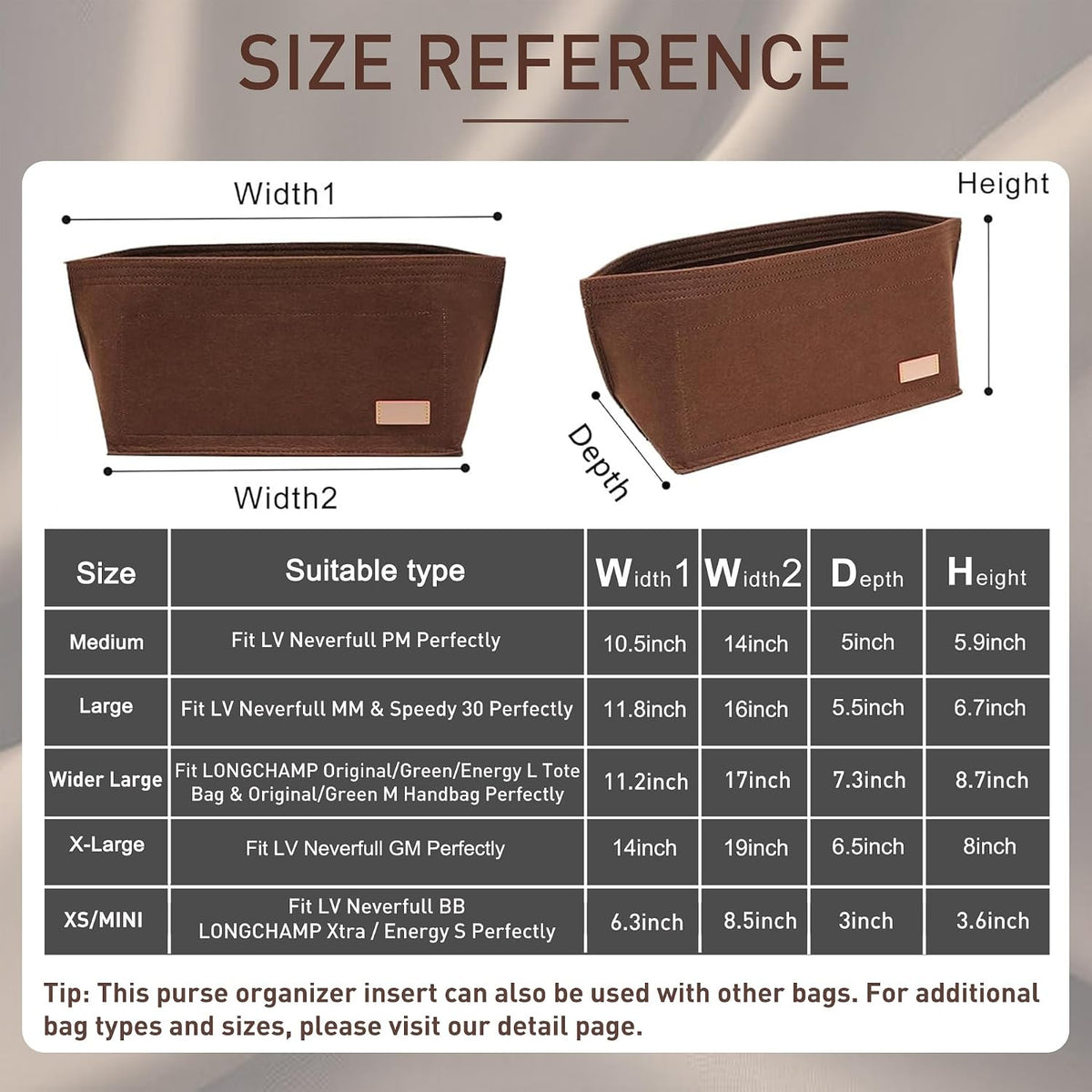 Purse Organizer Insert for Handbags & Base Shaper 2pc Set, Felt Neverfull MM Organizer Insert, Tote Bag Organizer with Zipper Pocket and Bottle Holder, Fit Speedy 30 Neverfull MM and More,Beige-L