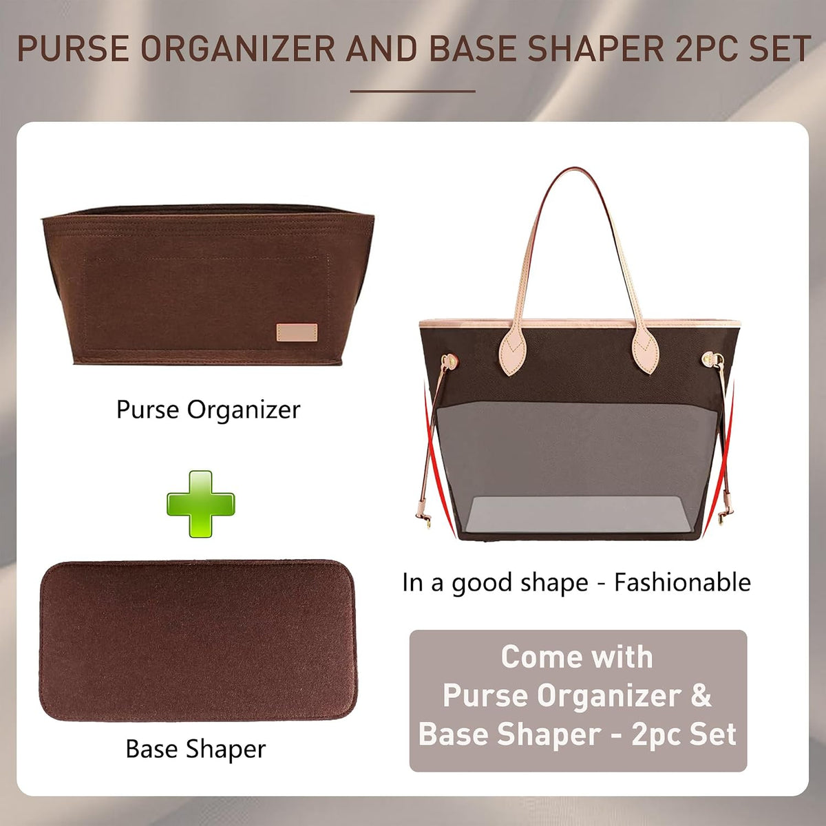 Purse Organizer Insert for Handbags & Base Shaper 2pc Set, Felt Neverfull MM Organizer Insert, Tote Bag Organizer with Zipper Pocket and Bottle Holder, Fit Speedy 30 Neverfull MM and More,Beige-L