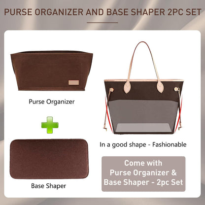 Purse Organizer Insert for Handbags & Base Shaper 2pc Set, Felt Neverfull MM Organizer Insert, Tote Bag Organizer with Zipper Pocket and Bottle Holder, Fit Speedy 30 Neverfull MM and More,Beige-L