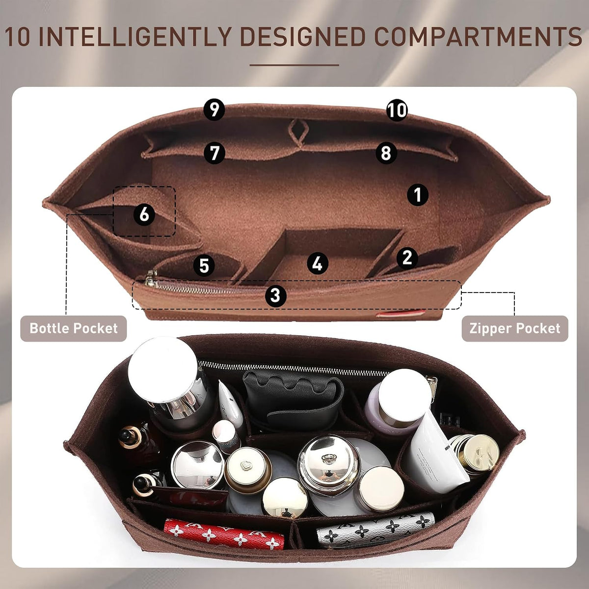 Purse Organizer Insert for Handbags & Base Shaper 2pc Set, Felt Neverfull MM Organizer Insert, Tote Bag Organizer with Zipper Pocket and Bottle Holder, Fit Speedy 30 Neverfull MM and More,Beige-L