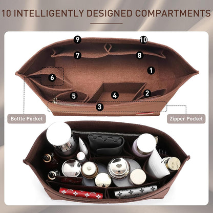 Purse Organizer Insert for Handbags & Base Shaper 2pc Set, Felt Neverfull MM Organizer Insert, Tote Bag Organizer with Zipper Pocket and Bottle Holder, Fit Speedy 30 Neverfull MM and More,Beige-L