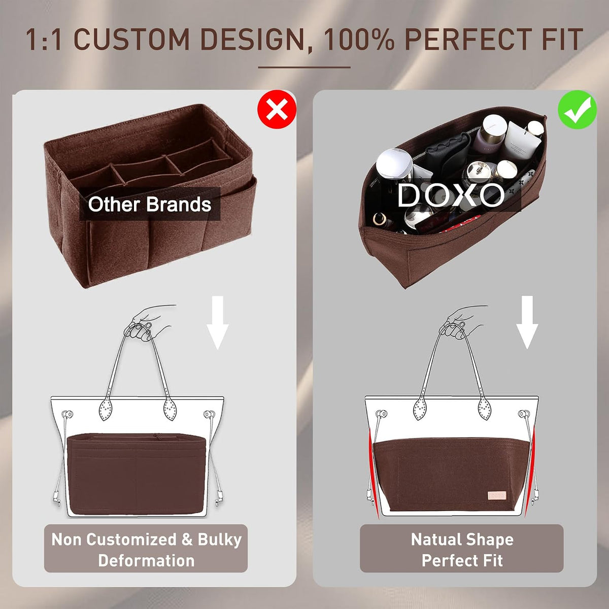 Purse Organizer Insert for Handbags & Base Shaper 2pc Set, Felt Neverfull MM Organizer Insert, Tote Bag Organizer with Zipper Pocket and Bottle Holder, Fit Speedy 30 Neverfull MM and More,Beige-L