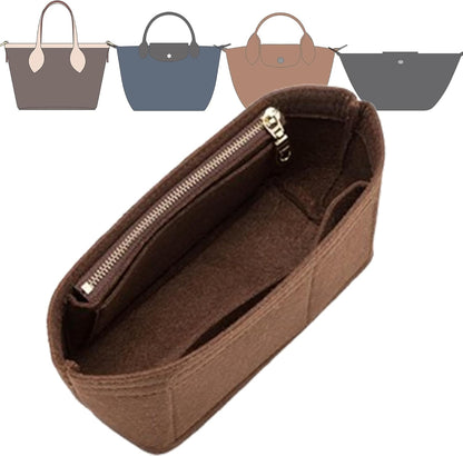 Purse Organizer Insert for Handbags & Base Shaper 2pc Set, Felt Neverfull MM Organizer Insert, Tote Bag Organizer with Zipper Pocket and Bottle Holder, Fit Speedy 30 Neverfull MM and More,Beige-L