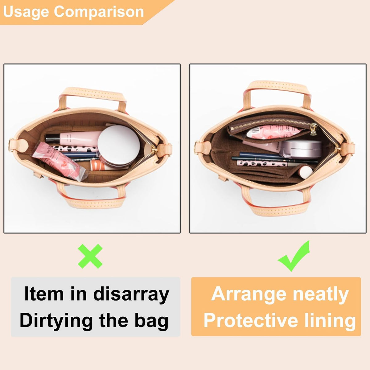 Purse Organizer Insert for Handbags & Base Shaper 2pc Set, Felt Neverfull MM Organizer Insert, Tote Bag Organizer with Zipper Pocket and Bottle Holder, Fit Speedy 30 Neverfull MM and More,Beige-L