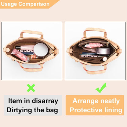 Purse Organizer Insert for Handbags & Base Shaper 2pc Set, Felt Neverfull MM Organizer Insert, Tote Bag Organizer with Zipper Pocket and Bottle Holder, Fit Speedy 30 Neverfull MM and More,Beige-L