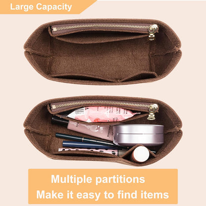 Purse Organizer Insert for Handbags & Base Shaper 2pc Set, Felt Neverfull MM Organizer Insert, Tote Bag Organizer with Zipper Pocket and Bottle Holder, Fit Speedy 30 Neverfull MM and More,Beige-L