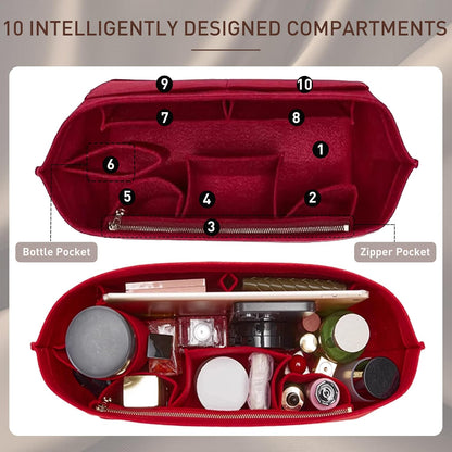 Purse Organizer Insert for Handbags & Base Shaper 2pc Set, Felt Neverfull MM Organizer Insert, Tote Bag Organizer with Zipper Pocket and Bottle Holder, Fit Speedy 30 Neverfull MM and More,Beige-L