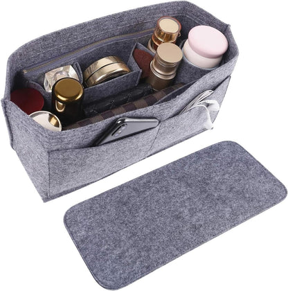 Purse Organizer Insert for Handbags & Base Shaper 2pc Set, Felt Neverfull MM Organizer Insert, Tote Bag Organizer with Zipper Pocket and Bottle Holder, Fit Speedy 30 Neverfull MM and More,Beige-L