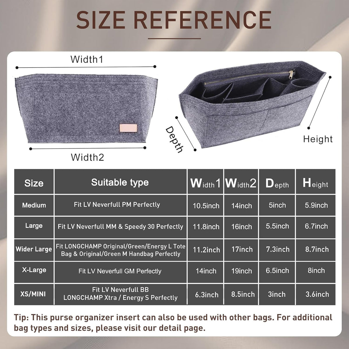 Purse Organizer Insert for Handbags & Base Shaper 2pc Set, Felt Neverfull MM Organizer Insert, Tote Bag Organizer with Zipper Pocket and Bottle Holder, Fit Speedy 30 Neverfull MM and More,Beige-L