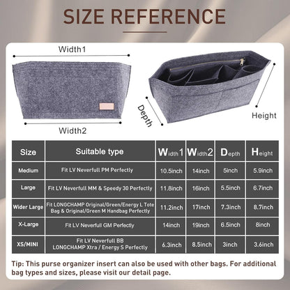 Purse Organizer Insert for Handbags & Base Shaper 2pc Set, Felt Neverfull MM Organizer Insert, Tote Bag Organizer with Zipper Pocket and Bottle Holder, Fit Speedy 30 Neverfull MM and More,Beige-L