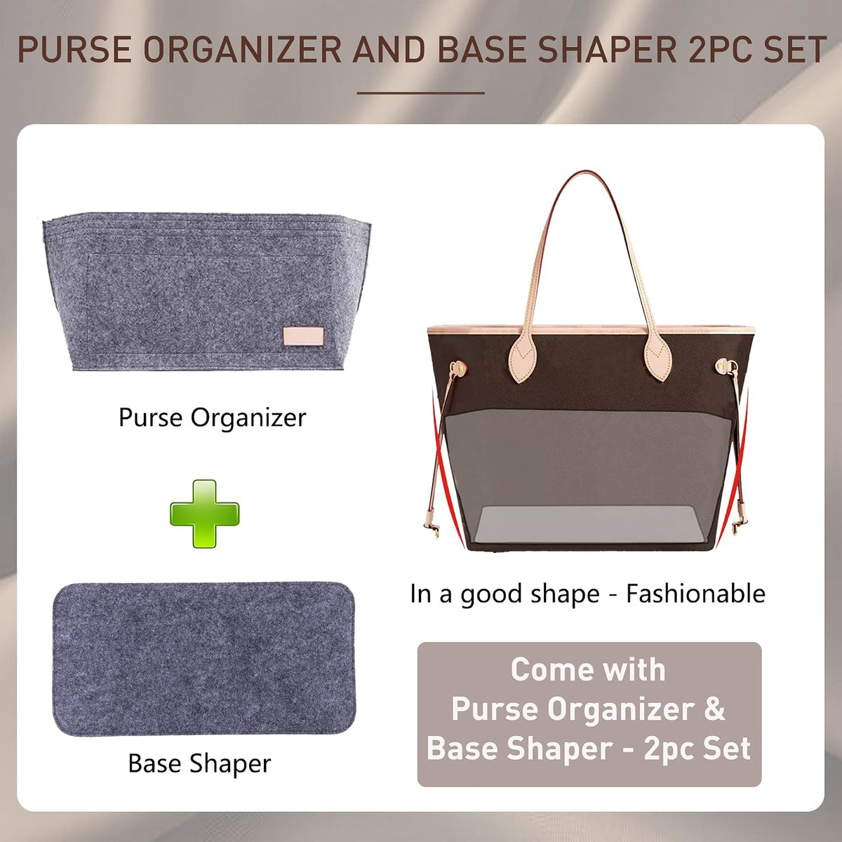 Purse Organizer Insert for Handbags & Base Shaper 2pc Set, Felt Neverfull MM Organizer Insert, Tote Bag Organizer with Zipper Pocket and Bottle Holder, Fit Speedy 30 Neverfull MM and More,Beige-L
