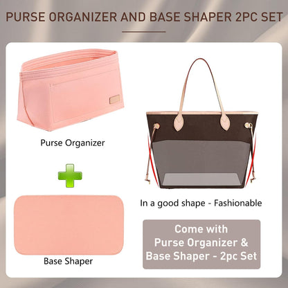 Purse Organizer Insert for Handbags & Base Shaper 2pc Set, Felt Neverfull MM Organizer Insert, Tote Bag Organizer with Zipper Pocket and Bottle Holder, Fit Speedy 30 Neverfull MM and More,Beige-L