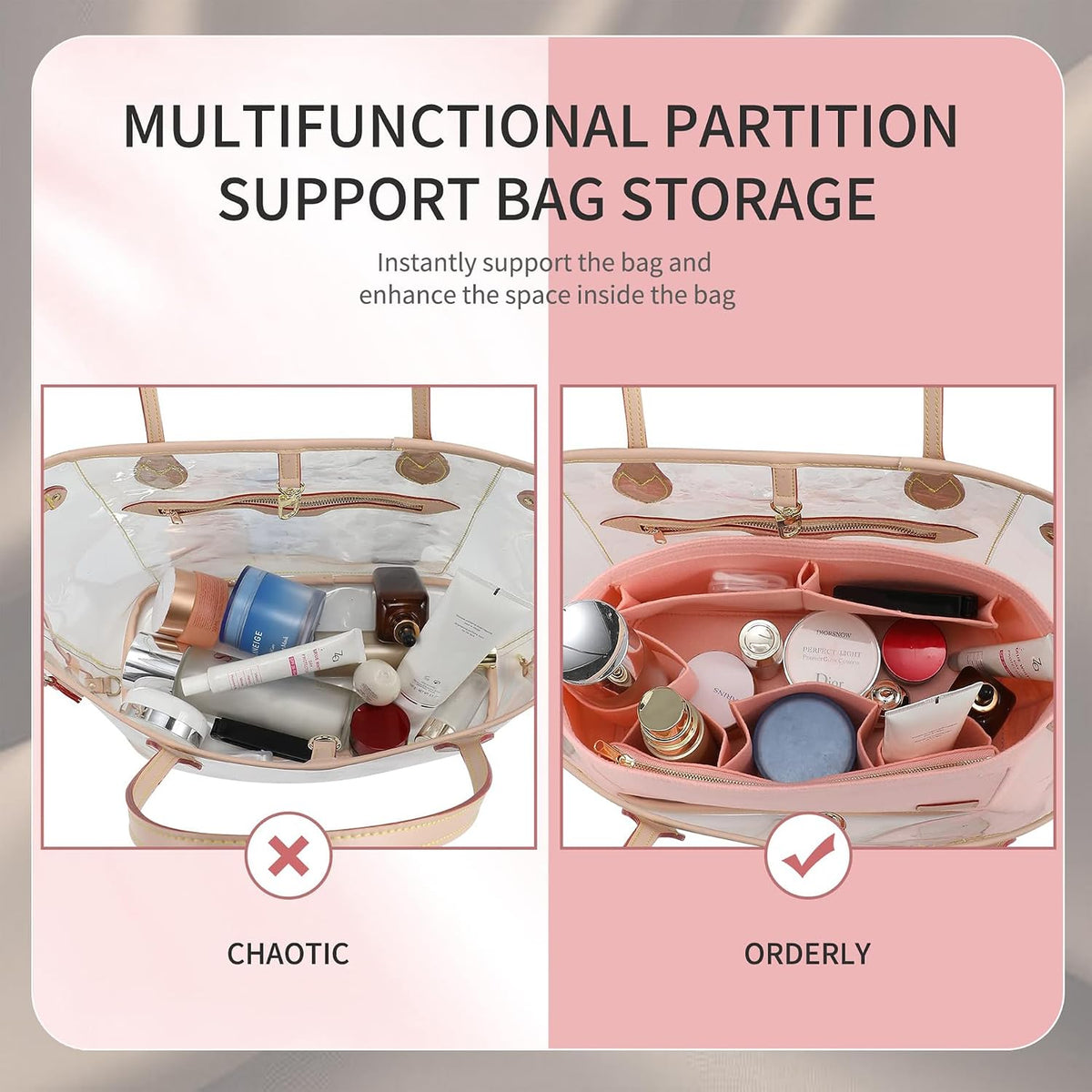 Purse Organizer Insert for Handbags & Base Shaper 2pc Set, Felt Neverfull MM Organizer Insert, Tote Bag Organizer with Zipper Pocket and Bottle Holder, Fit Speedy 30 Neverfull MM and More,Beige-L