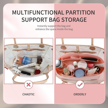 Purse Organizer Insert for Handbags & Base Shaper 2pc Set, Felt Neverfull MM Organizer Insert, Tote Bag Organizer with Zipper Pocket and Bottle Holder, Fit Speedy 30 Neverfull MM and More,Beige-L