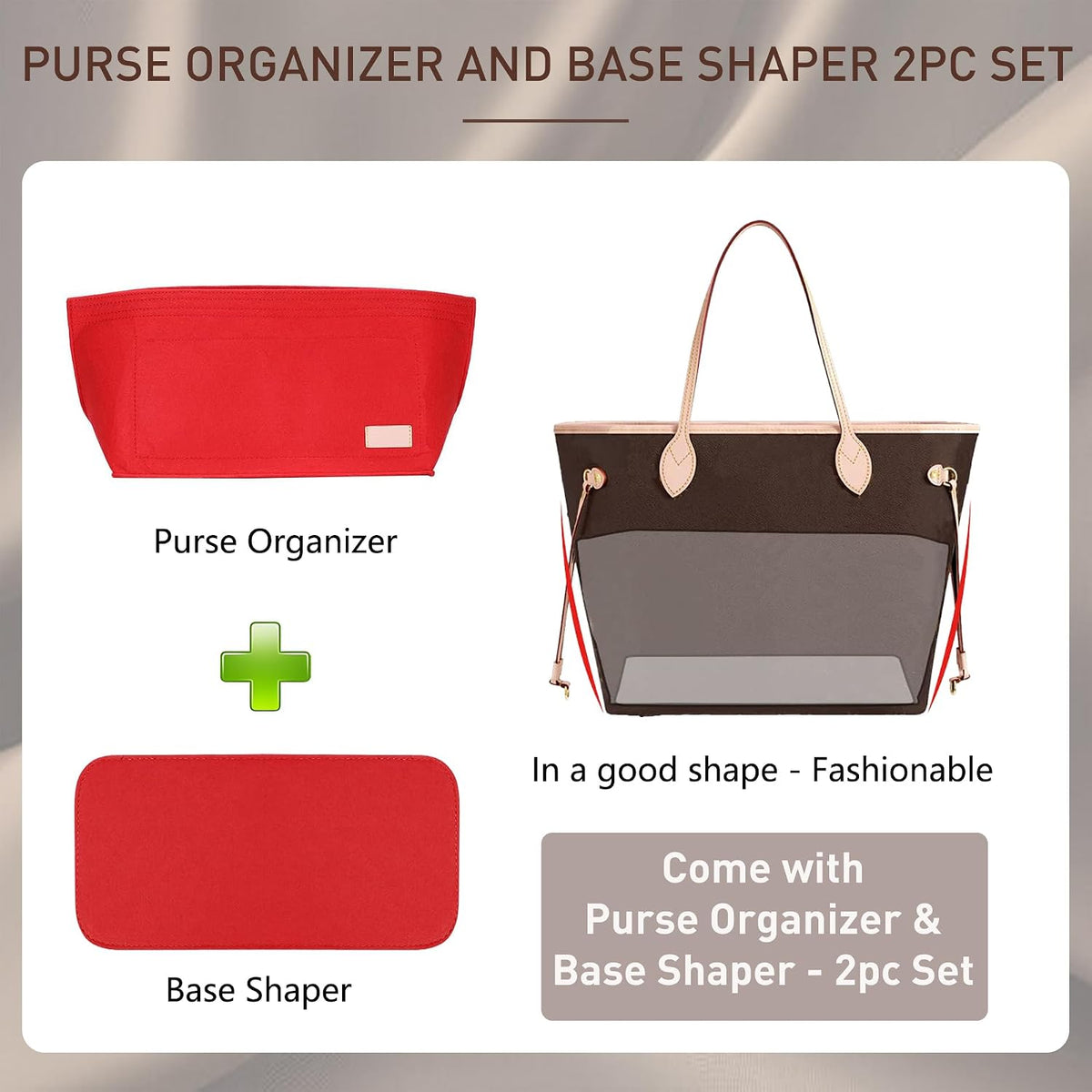 Purse Organizer Insert for Handbags & Base Shaper 2pc Set, Felt Neverfull MM Organizer Insert, Tote Bag Organizer with Zipper Pocket and Bottle Holder, Fit Speedy 30 Neverfull MM and More,Beige-L