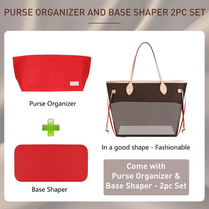 Purse Organizer Insert for Handbags & Base Shaper 2pc Set, Felt Neverfull MM Organizer Insert, Tote Bag Organizer with Zipper Pocket and Bottle Holder, Fit Speedy 30 Neverfull MM and More,Beige-L