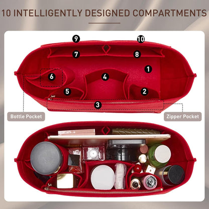 Purse Organizer Insert for Handbags & Base Shaper 2pc Set, Felt Neverfull MM Organizer Insert, Tote Bag Organizer with Zipper Pocket and Bottle Holder, Fit Speedy 30 Neverfull MM and More,Beige-L