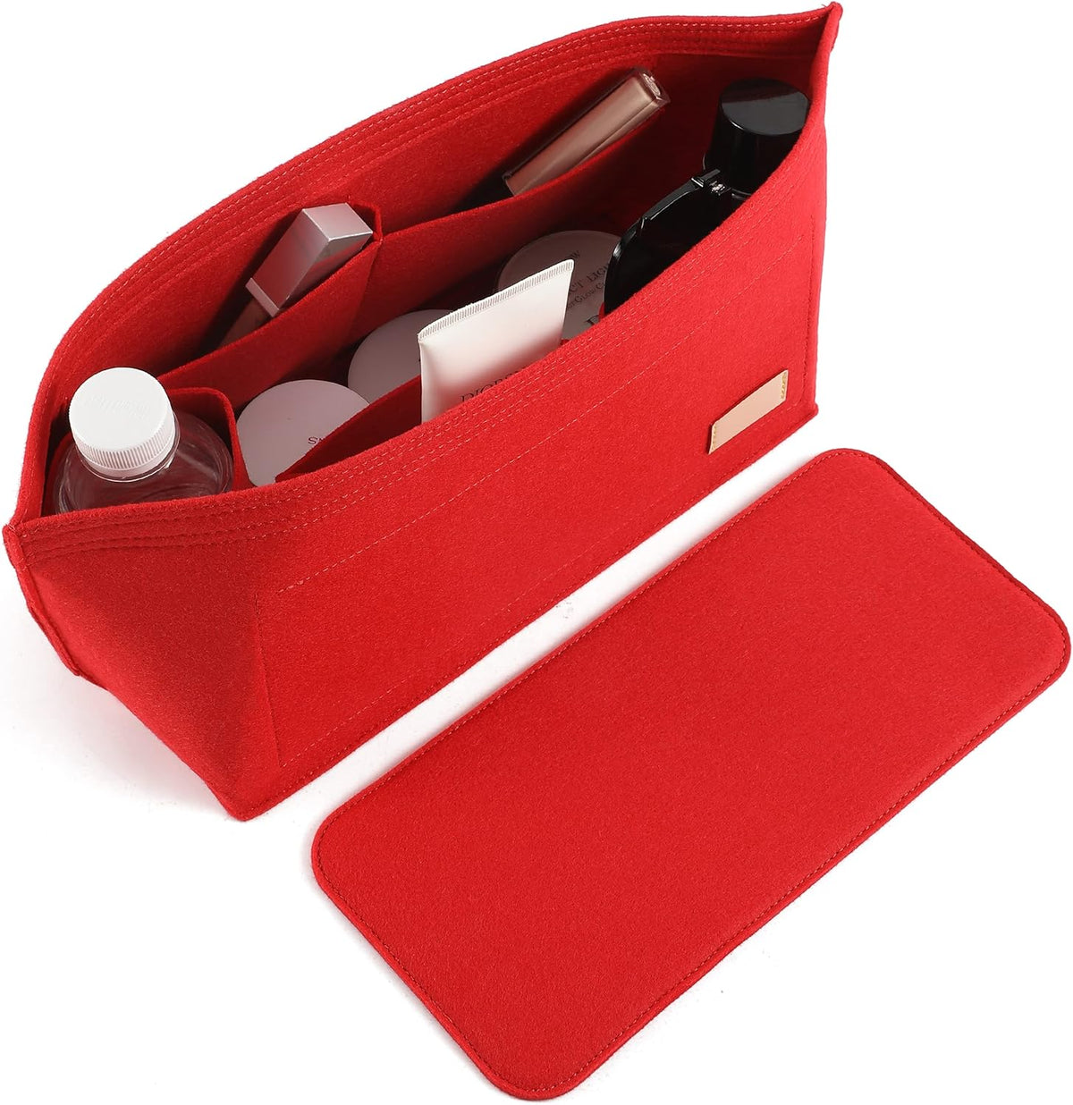 Purse Organizer Insert for Handbags & Base Shaper 2pc Set, Felt Neverfull MM Organizer Insert, Tote Bag Organizer with Zipper Pocket and Bottle Holder, Fit Speedy 30 Neverfull MM and More,Beige-L