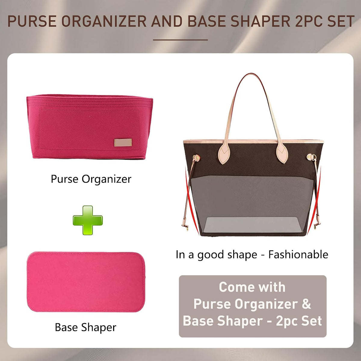 Purse Organizer Insert for Handbags & Base Shaper 2pc Set, Felt Neverfull MM Organizer Insert, Tote Bag Organizer with Zipper Pocket and Bottle Holder, Fit Speedy 30 Neverfull MM and More,Beige-L