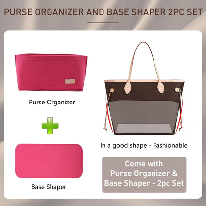 Purse Organizer Insert for Handbags & Base Shaper 2pc Set, Felt Neverfull MM Organizer Insert, Tote Bag Organizer with Zipper Pocket and Bottle Holder, Fit Speedy 30 Neverfull MM and More,Beige-L