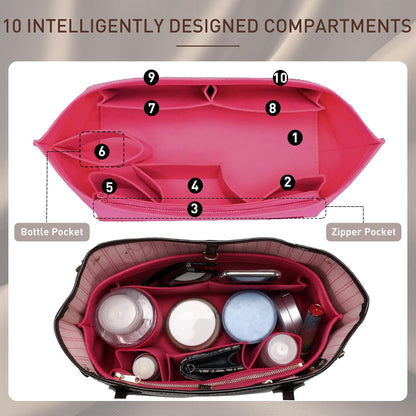Purse Organizer Insert for Handbags & Base Shaper 2pc Set, Felt Neverfull MM Organizer Insert, Tote Bag Organizer with Zipper Pocket and Bottle Holder, Fit Speedy 30 Neverfull MM and More,Beige-L