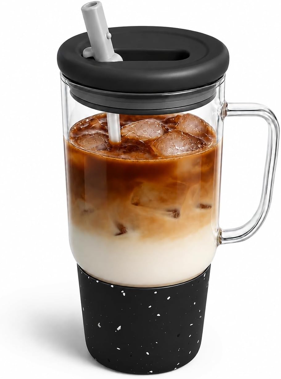 40oz Glass Tumbler with Straw and Lid, Glass Cup with Silicone Sleeve | Leakproof Lid, Fits Car Cup Holder Glass for Iced Coffee, Water, Cold Drinks, Travel, Outdoor, Partys&Home
