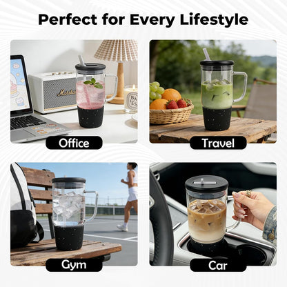 40oz Glass Tumbler with Straw and Lid, Glass Cup with Silicone Sleeve | Leakproof Lid, Fits Car Cup Holder Glass for Iced Coffee, Water, Cold Drinks, Travel, Outdoor, Partys&Home