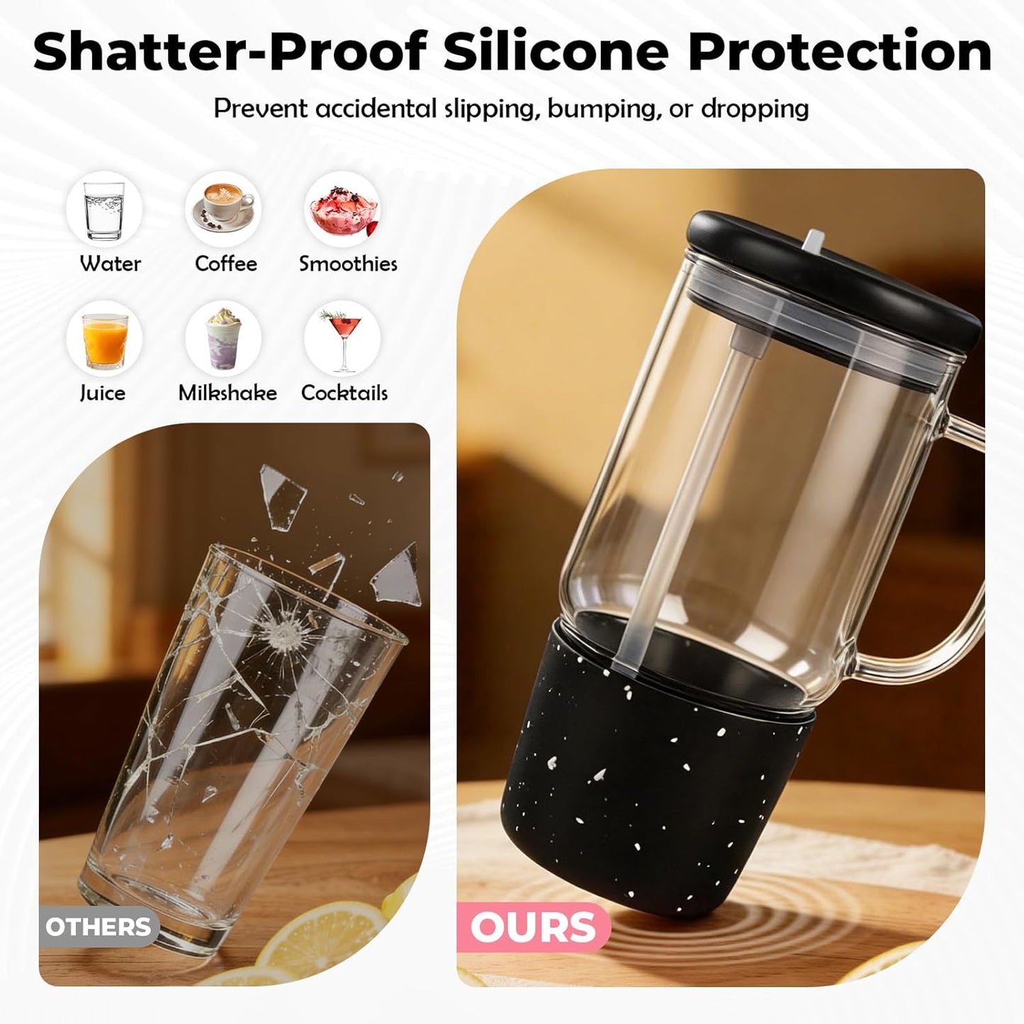 40oz Glass Tumbler with Straw and Lid, Glass Cup with Silicone Sleeve | Leakproof Lid, Fits Car Cup Holder Glass for Iced Coffee, Water, Cold Drinks, Travel, Outdoor, Partys&Home