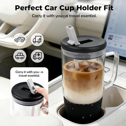 40oz Glass Tumbler with Straw and Lid, Glass Cup with Silicone Sleeve | Leakproof Lid, Fits Car Cup Holder Glass for Iced Coffee, Water, Cold Drinks, Travel, Outdoor, Partys&Home