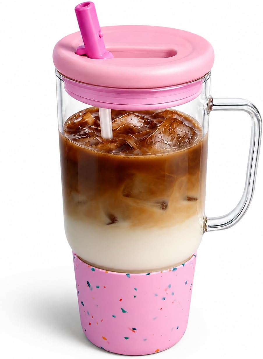 40oz Glass Tumbler with Straw and Lid, Glass Cup with Silicone Sleeve | Leakproof Lid, Fits Car Cup Holder Glass for Iced Coffee, Water, Cold Drinks, Travel, Outdoor, Partys&Home