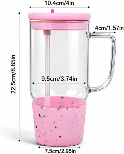 40oz Glass Tumbler with Straw and Lid, Glass Cup with Silicone Sleeve | Leakproof Lid, Fits Car Cup Holder Glass for Iced Coffee, Water, Cold Drinks, Travel, Outdoor, Partys&Home