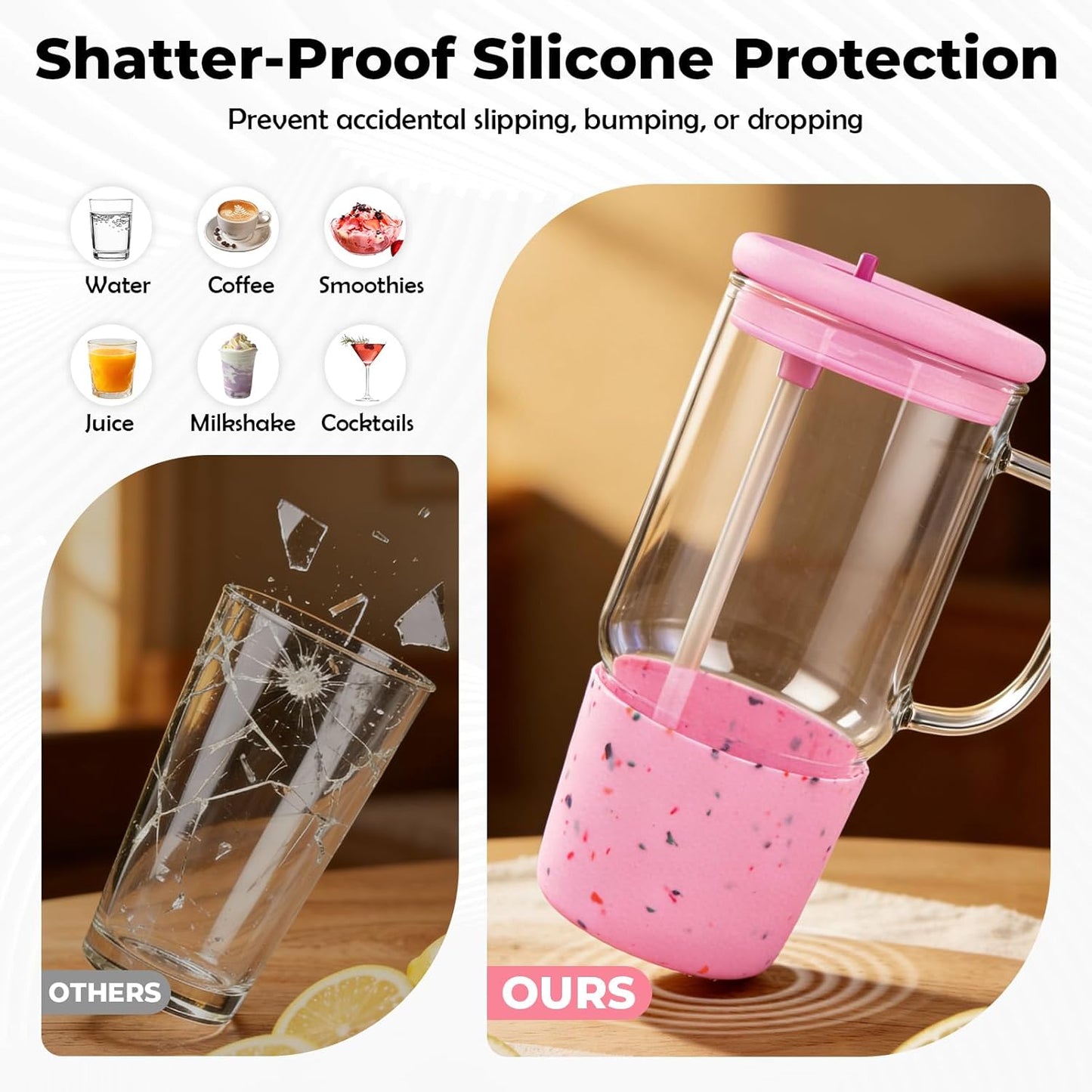 40oz Glass Tumbler with Straw and Lid, Glass Cup with Silicone Sleeve | Leakproof Lid, Fits Car Cup Holder Glass for Iced Coffee, Water, Cold Drinks, Travel, Outdoor, Partys&Home