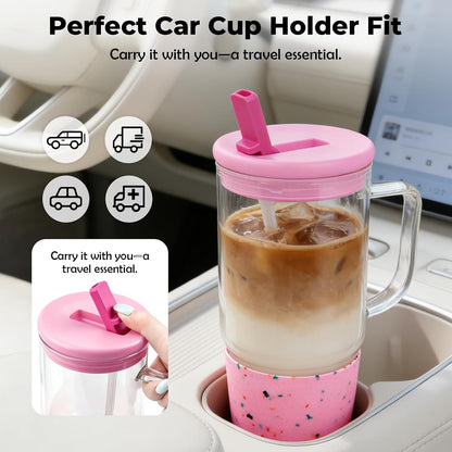 40oz Glass Tumbler with Straw and Lid, Glass Cup with Silicone Sleeve | Leakproof Lid, Fits Car Cup Holder Glass for Iced Coffee, Water, Cold Drinks, Travel, Outdoor, Partys&Home